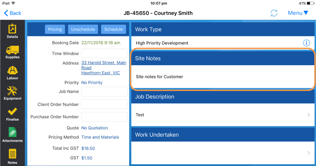 Set standard notes for all Jobs for a Customer/Site