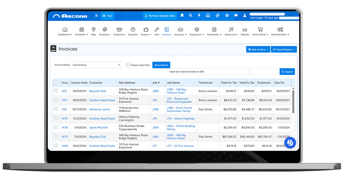 A laptop, displaying app interface for invoicing