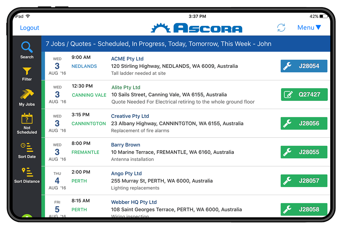 A laptop, displaying app interface for job management