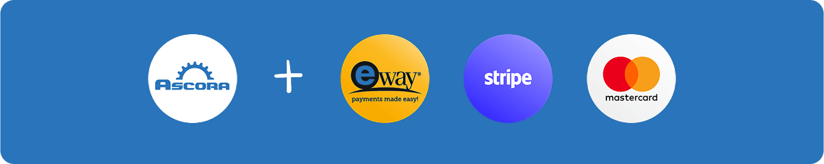 Marketing graphic illustrating showcasing payment integration with, eWay, Stripe, Mastercard