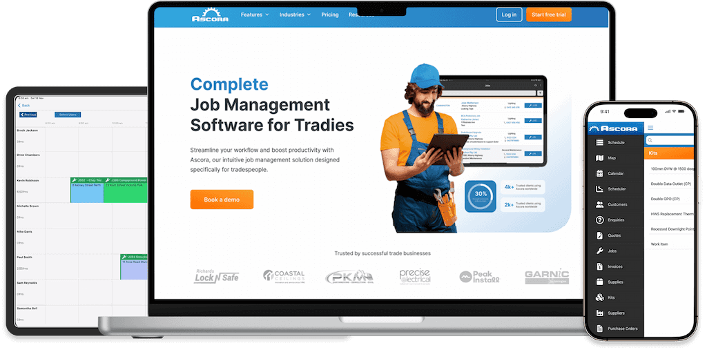 A laptop, iPhone, and tablet displaying different app interfaces.