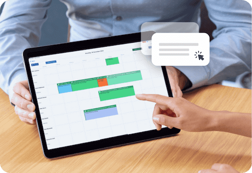 Marketing graphic displaying the scheduler on an iPad screen.