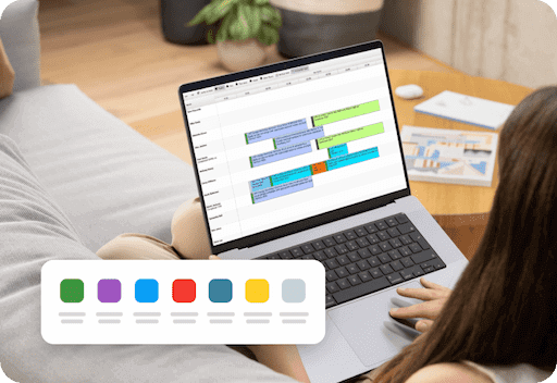Illustration of a laptop displaying a scheduler with custom color-coded jobs and quotes.