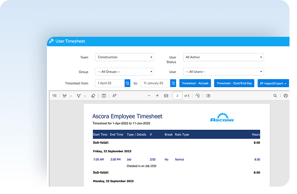 Generate detailed timesheet summaries and update job profitability for integrated financial insights.