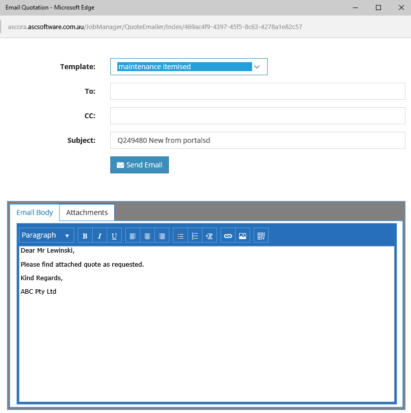 Email your Quote directly using flexible templates